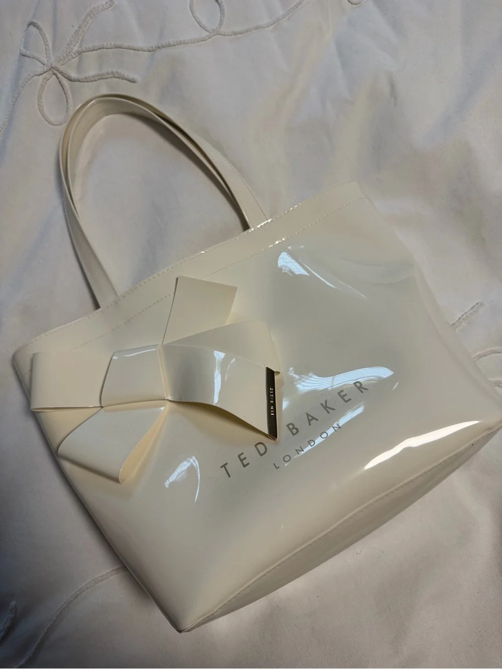 Ted Baker Cream Patent Bow-Accent Tote